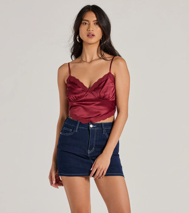 Romance In The Air Lace Trim Satin Cami Crop Top | Windsor Stores