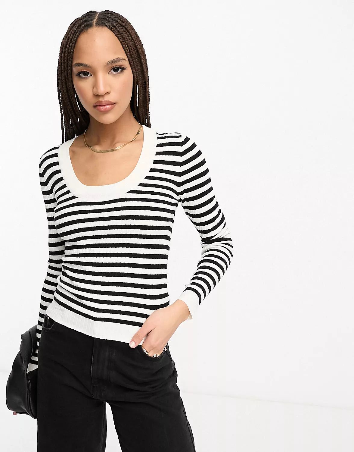 JDY scoop neck knit top in black & white stripe | ASOS (Global)