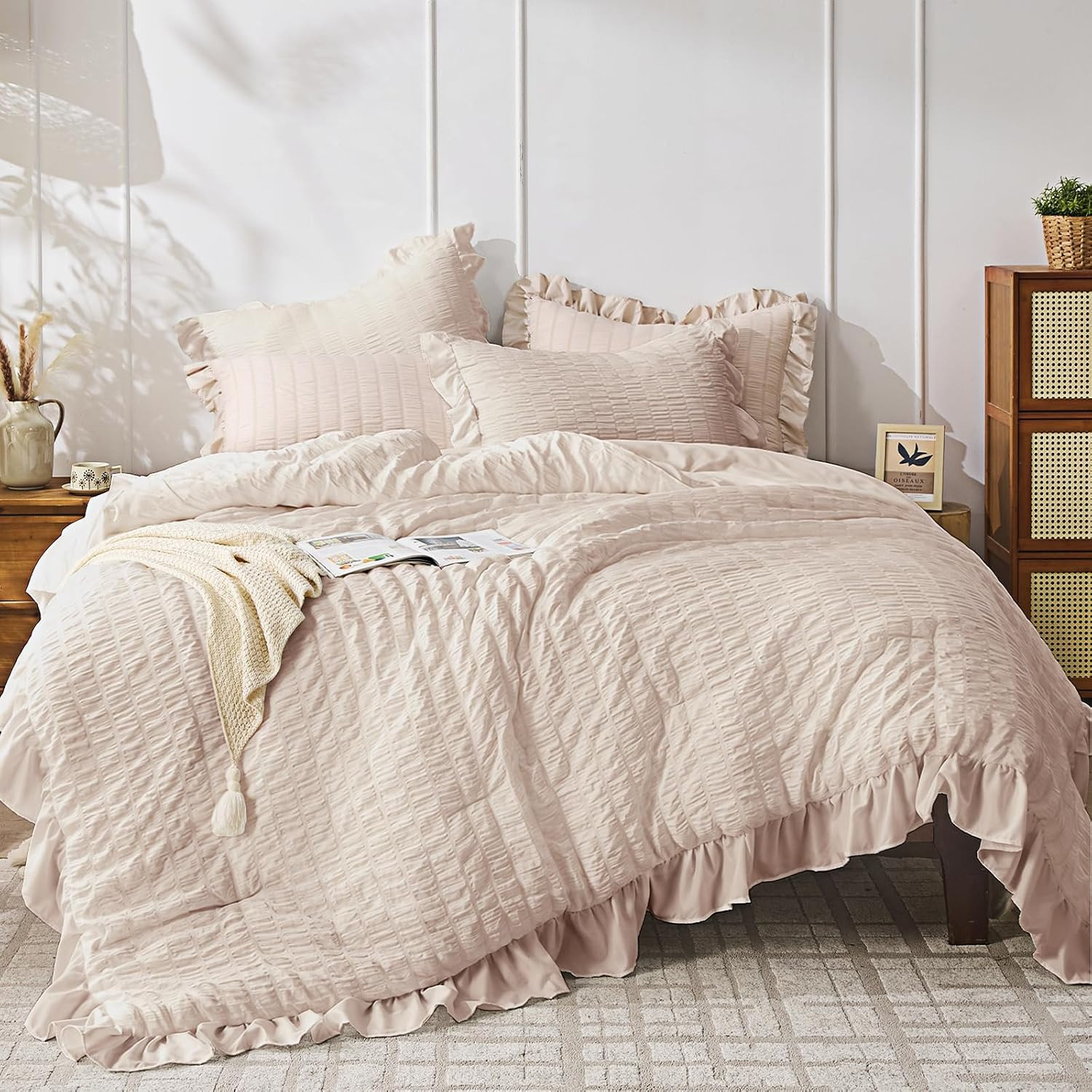 JOLLYVOGUE Oversized Queen Comforter Set, 3 Pieces Beige Seersucker Comforters, Lightweight & Fluffy Bedding Sets for All Season with 1 Ruffle Comforter and 2 Ruffle Pillowshams | Amazon (US)