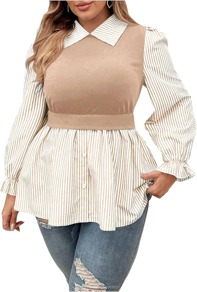 GORGLITTER Women's Plus Size Tops Casual Peplum Baby Doll Long Sleeve Tops Button Down Striped 2 ... | Amazon (US)