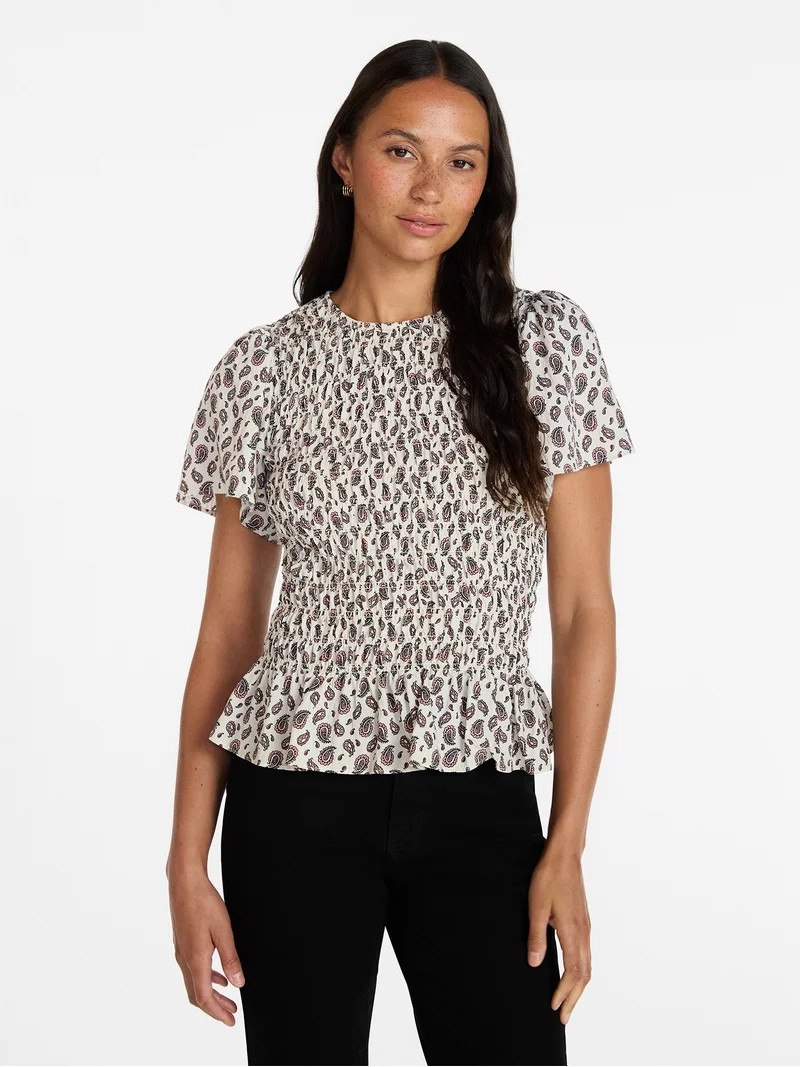 Time and Tru Women's Smocked Top with Short Puff Sleeves, Sizes XS-XXXL | Walmart (US)