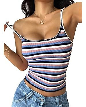 PRETTYGARDEN Women Summer Crop Tops Sleeveless Spaghetti Strap Tank Striped Cami Knit Y2K Clothes... | Amazon (US)