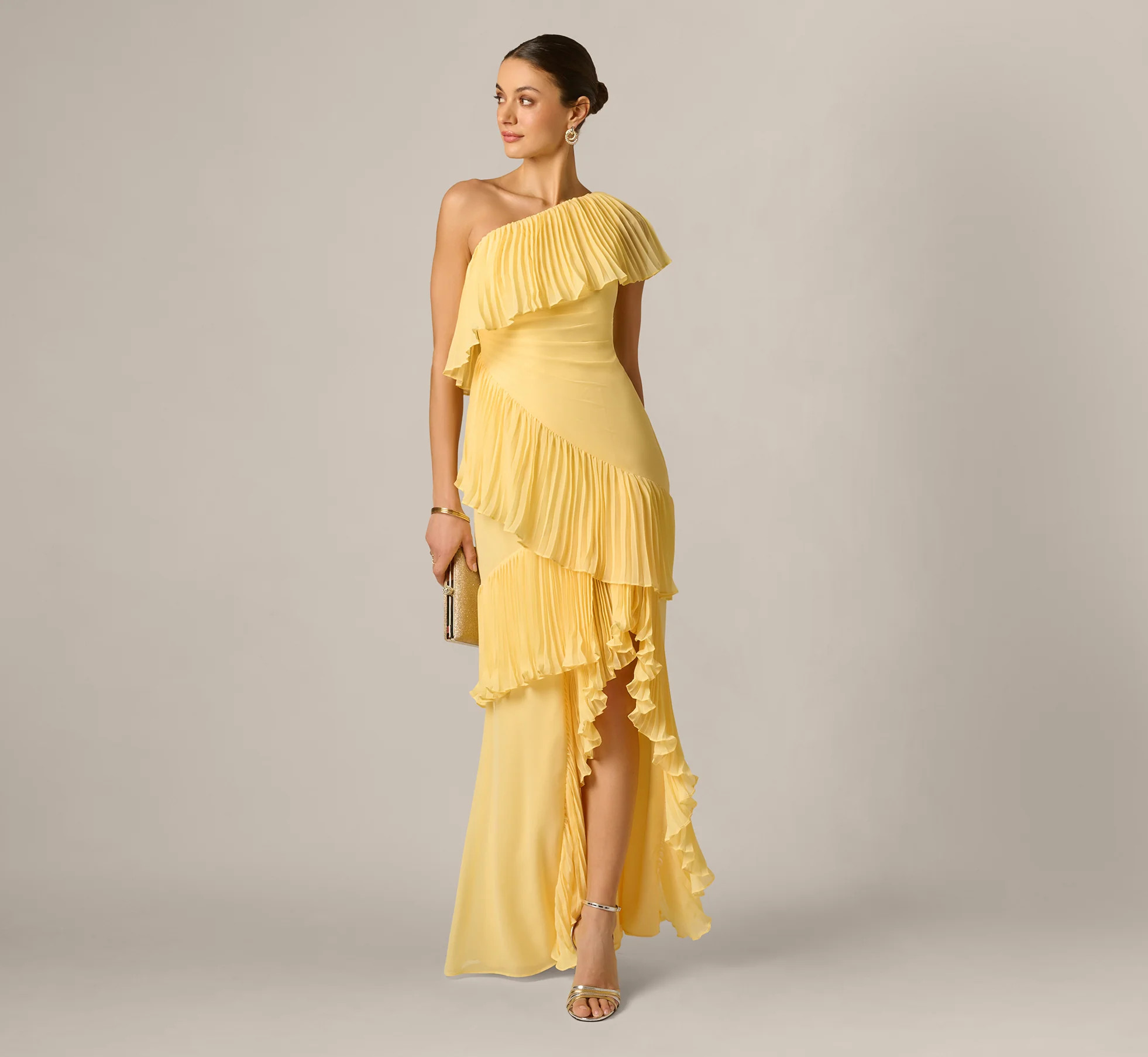 One Shoulder Pleated Flounce High Low Gown In Butter Yellow | Adrianna Papell