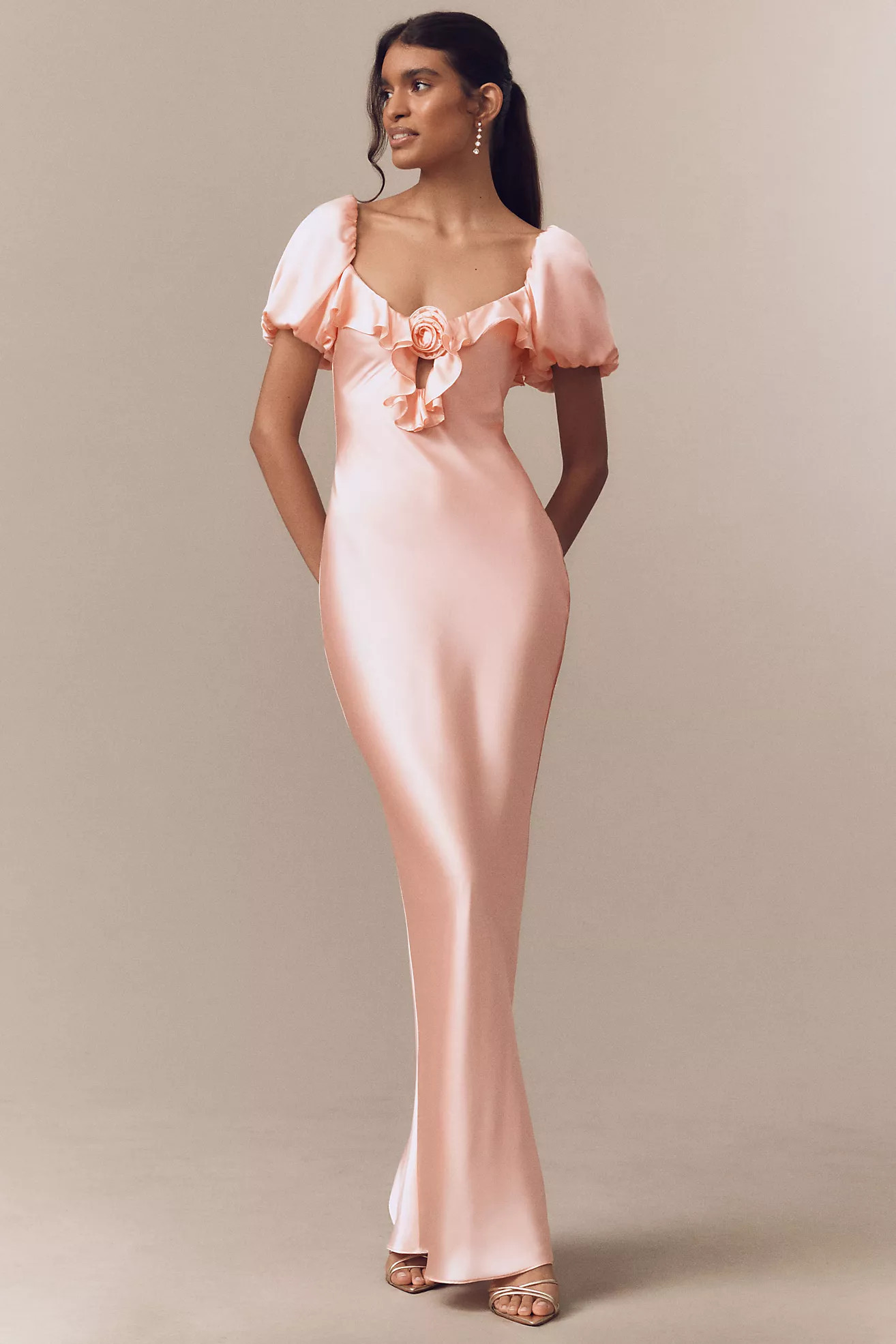 De La Vali Eden Satin Puff-Sleeve Column Maxi Dress | Anthropologie (US)