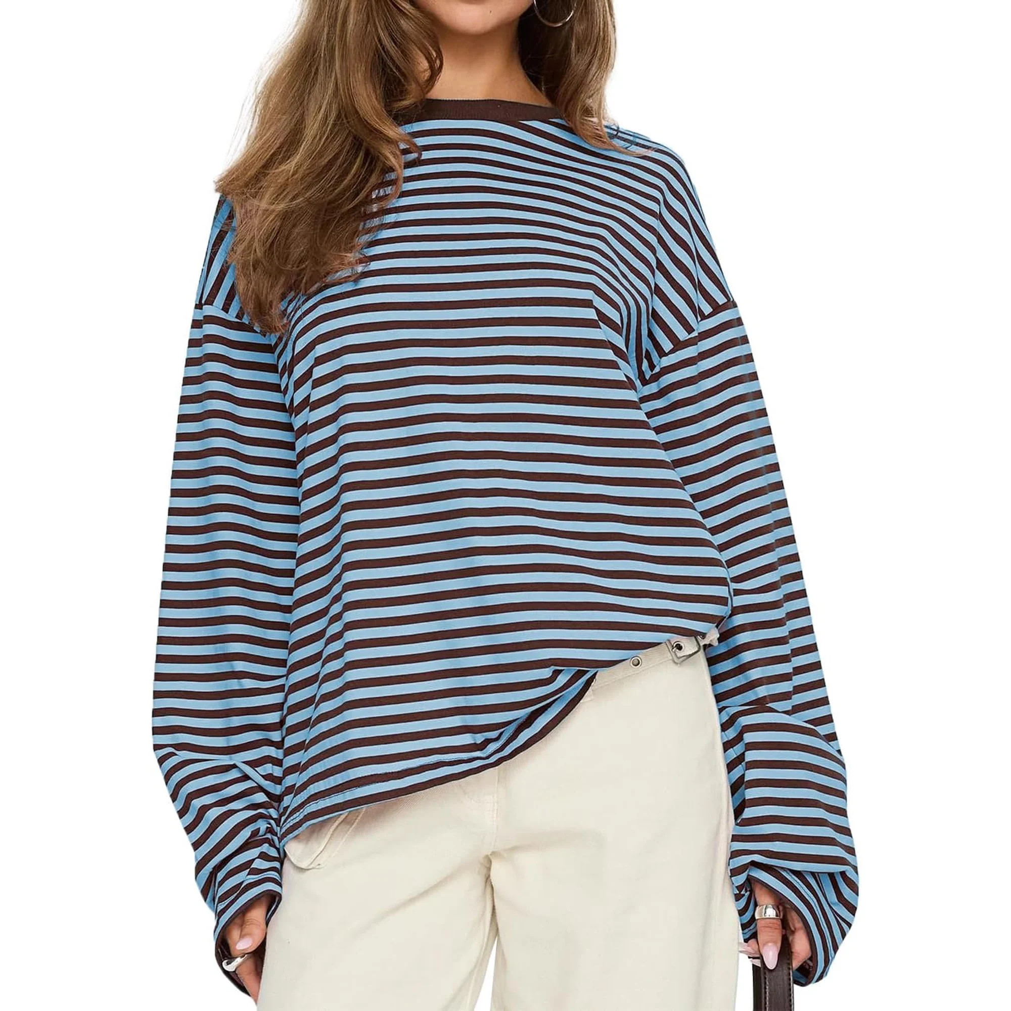 Wrongduck Women Oversized Striped Long Sleeve T Shirt 2026 Crewneck Casual Loose Fit Y2K Fashion ... | Walmart (US)