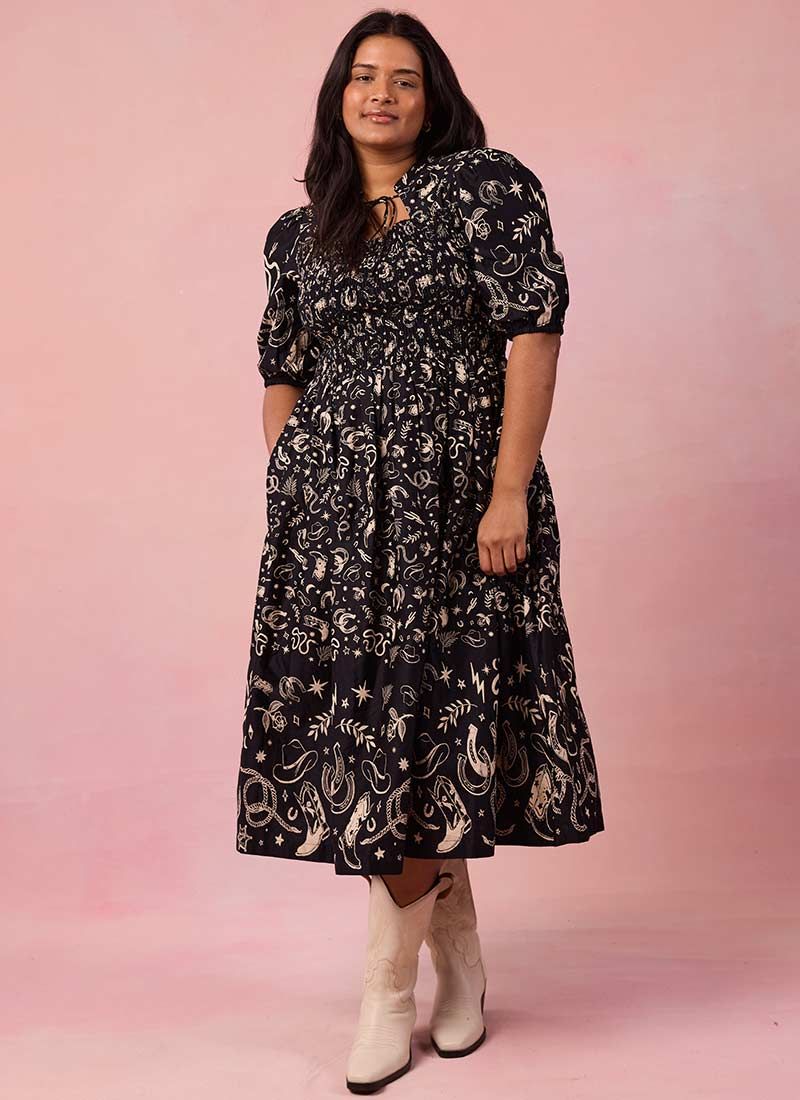 Jesse Western Print Tie Neck Midi Dress | Joanie