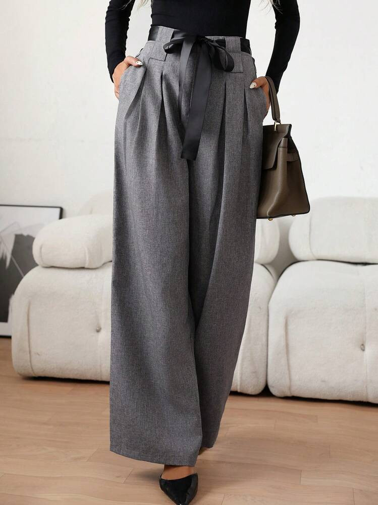 Calvaya Casual Two-Tone Belt Pleated Wide Leg Long Pants For Women, Autumn/Winter | SHEIN