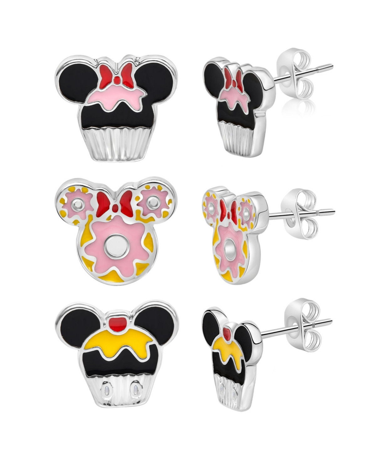Disney Mickey and Minnie Mouse Fashion Stud Earring - Cupcakes and Donut, Silver/Pink - 3 pairs - Silver tone, pink, yellow | Macy's