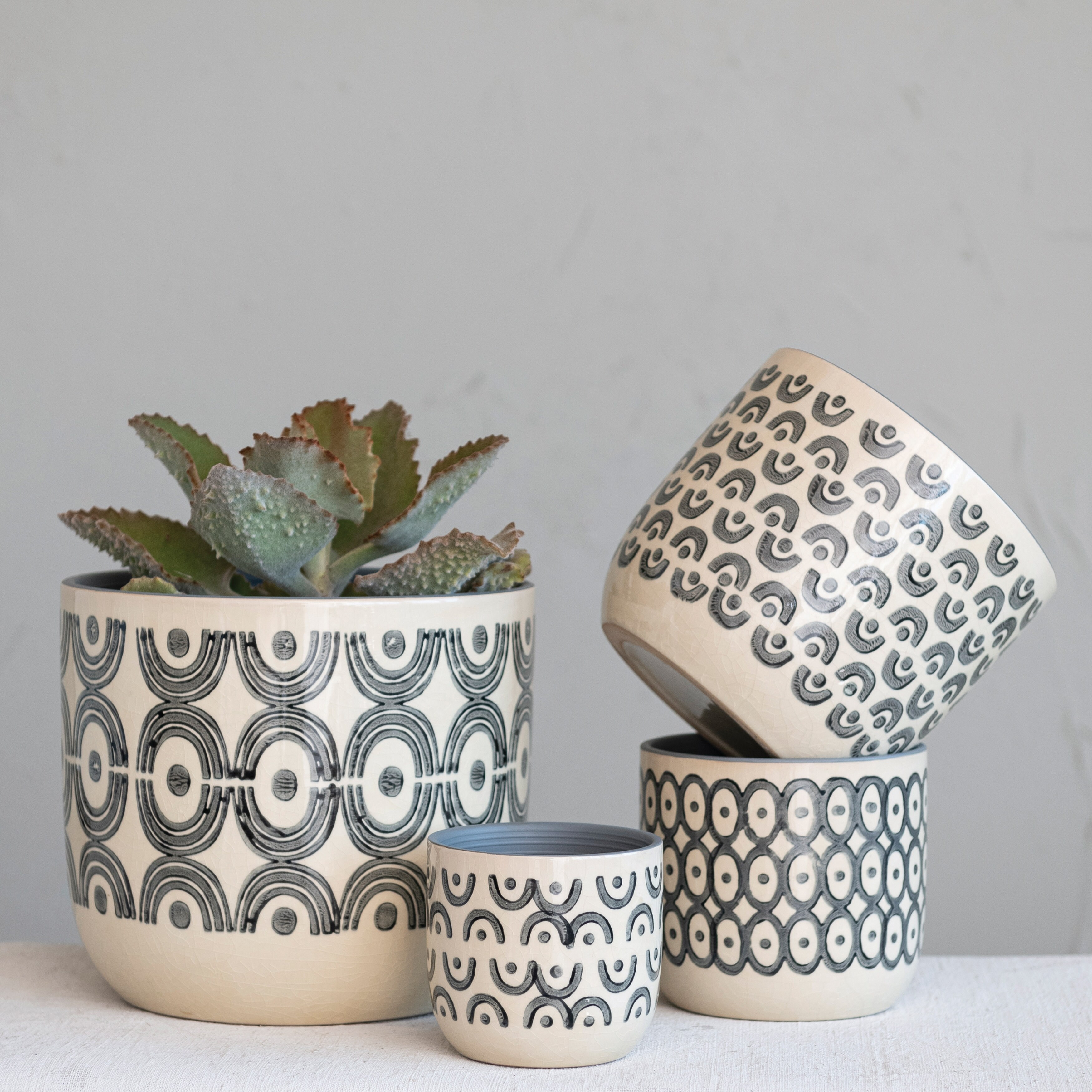 Decorative Stoneware Planters with Hand-Painted Geometric Designs - 9.9"L x 9.9"W x 8.9"H | Bed Bath & Beyond