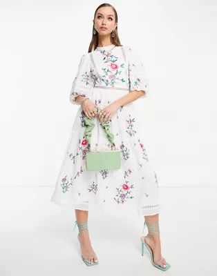 ASOS DESIGN high neck dobby embroidered midi dress with lace trims in white | ASOS (Global)