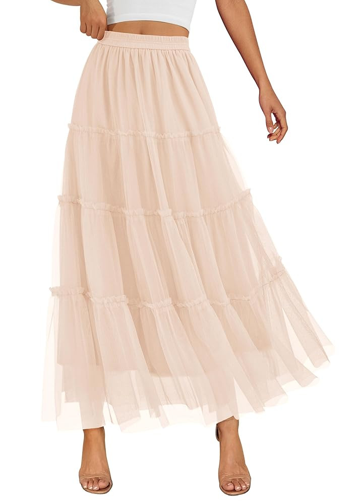 PRETTYGARDEN Tulle Skirts for Women 2025 Fall High Waisted Ruffle Flowy A-Line Maxi Long Skirt Co... | Amazon (US)
