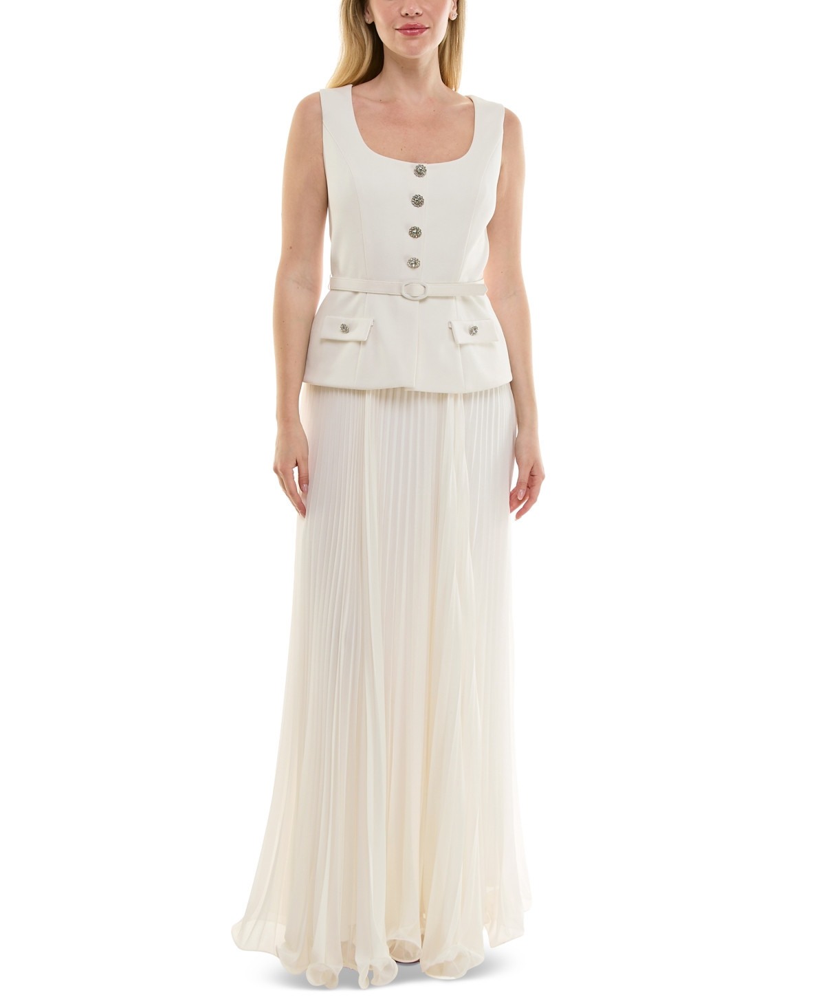 Taylor Women's Mixed-Media Square-Neck Sleeveless Dress - Cream | Macy's