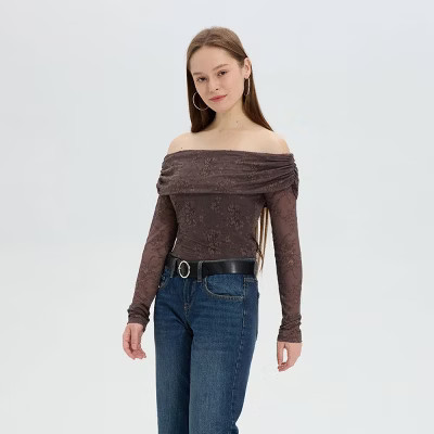 Women's Long Sleeve Off the Shoulder Foldover Top - Wild Fable™ Dark Brown Floral S | Target