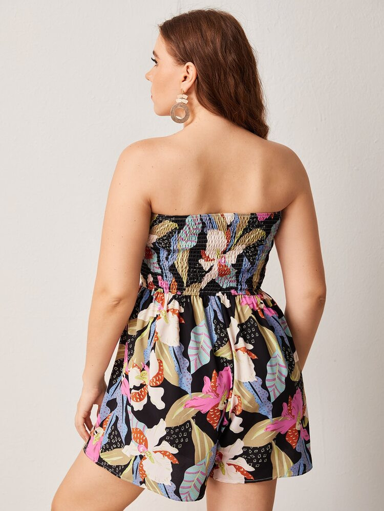 NEWPlus Plants Print Shirred Tube Romper | SHEIN