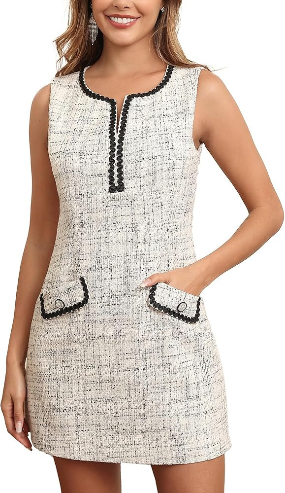 M.Infisavo 2025 Women Tweed Dress Spring Summer V Neck Sleeveless A Line Pockets Work Casual Jack... | Amazon (US)