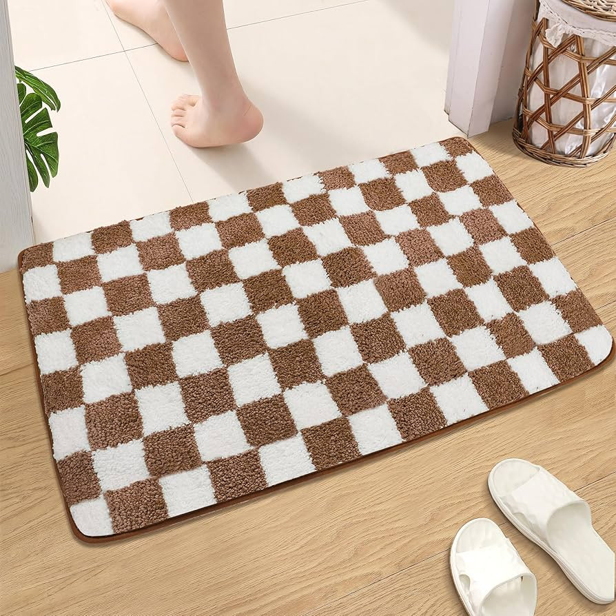 Checkered Bath Mat Brown White Bathroom Rugs Moroccan Checkerboard Rug Non Slip Doormat Water Abs... | Amazon (US)
