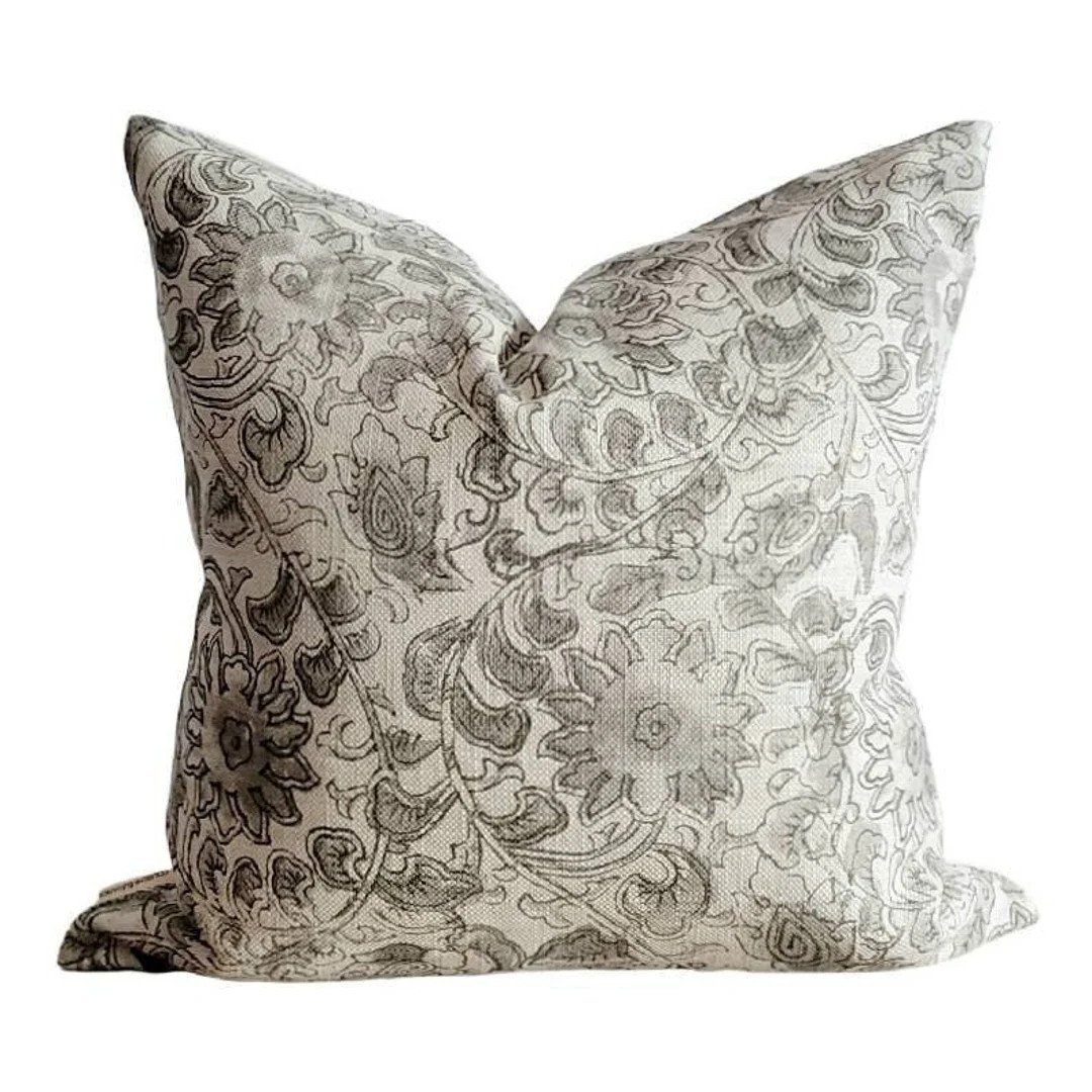 Grey Floral Pillow Cover 20x20 22x22. Gray Block Print - Etsy Canada | Etsy (CAD)