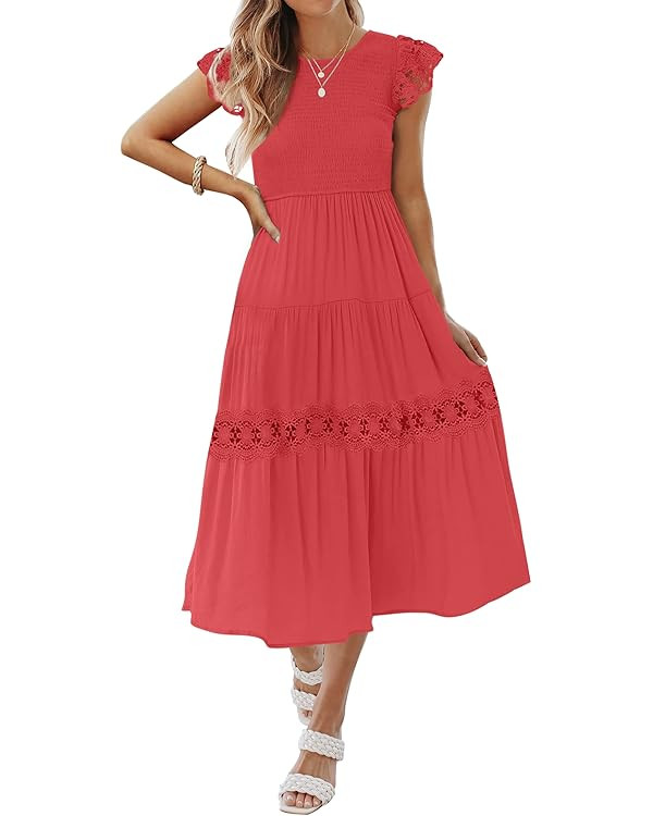 ZESICA Women's 2023 Casual Crew Neck Flutter Sleeve Smocked High Waist Hollow Out Lace Trim Tiere... | Amazon (US)