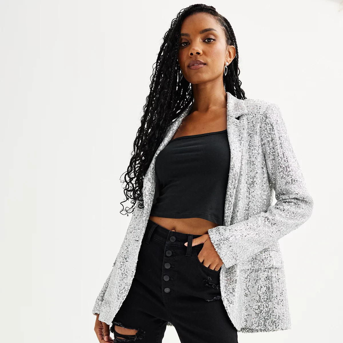 Juniors' SO® Sequin Single Button Blazer | Kohl's