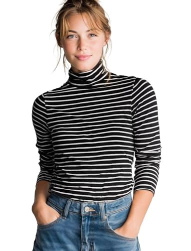 Zengjo Striped Turtleneck Women - Fitted High Neck Long Sleeve Top Lightweight(Black/White,S) | Amazon (US)
