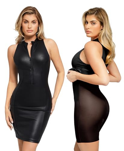 Popilush Shapewear Dress Faux Leather Dresses for Women Mock Neck Dress Night Club Outfits for Women Black | Amazon (US)