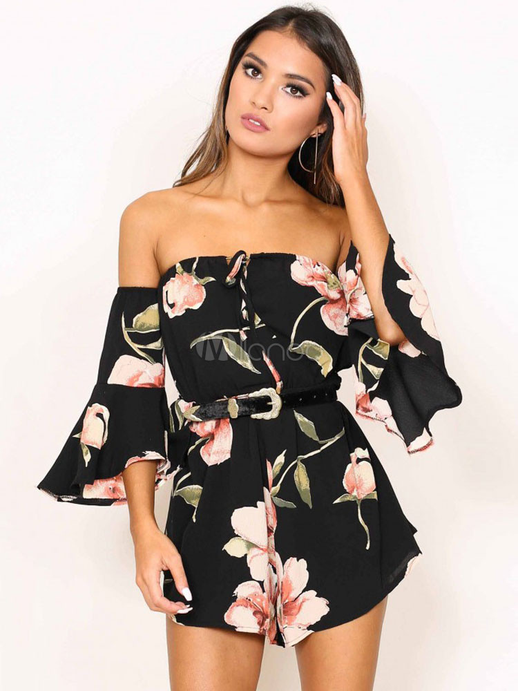 Women's Black Romper Strapless Bell Sleeve Floral Print Loose Leg Short Jumpsuit | Milanoo