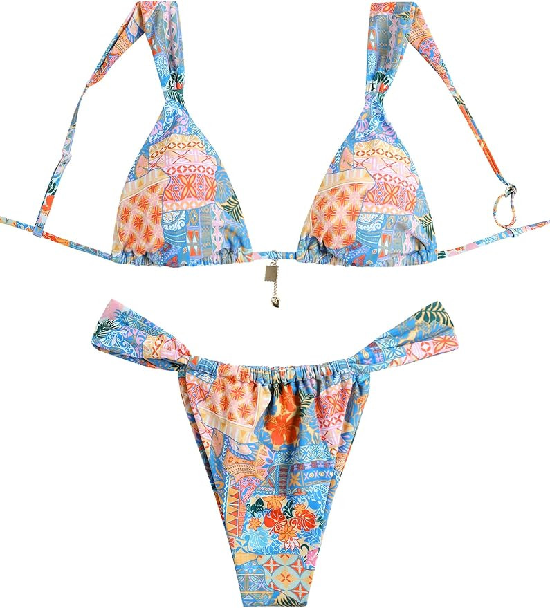 ZAFUL Bikini Sets for Women Triangle Bow Decor Ruffle Straps Lace up Swimsuit 2 Pieces High Cut B... | Amazon (US)