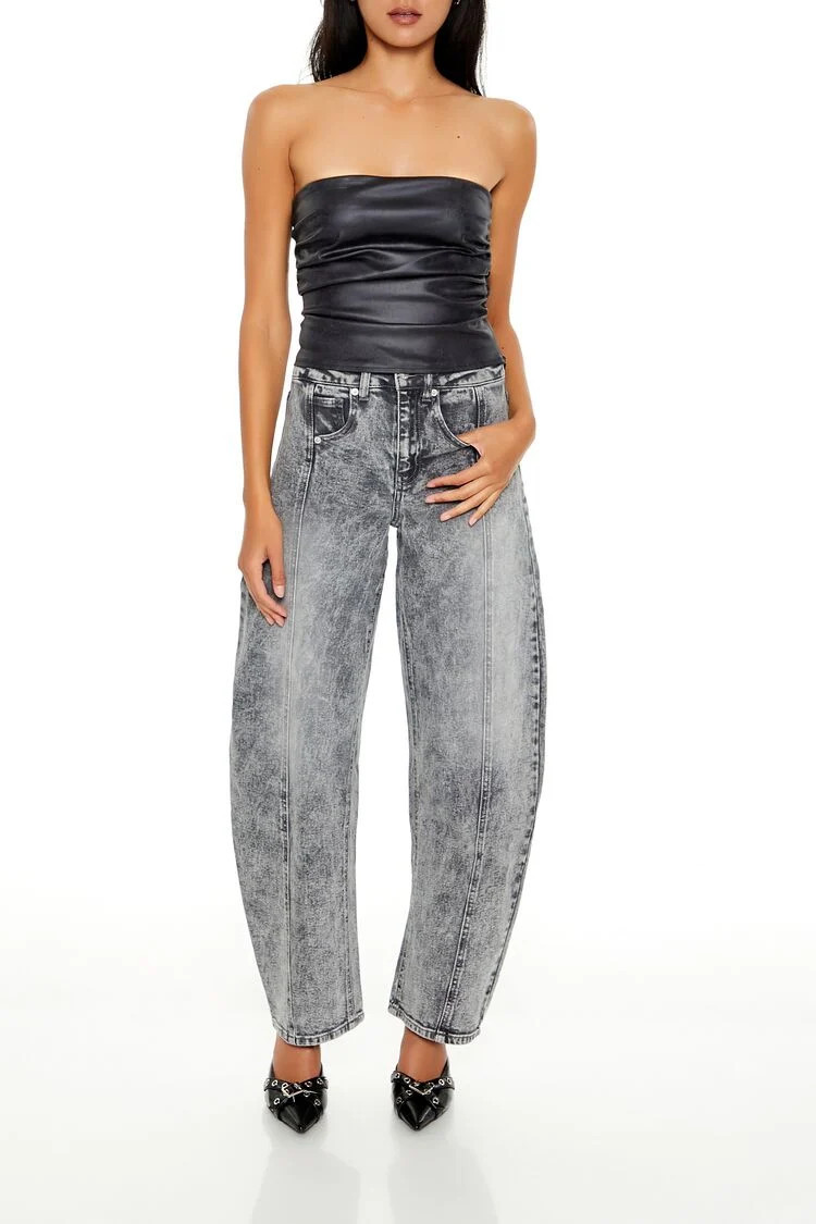 Women's High-Rise Baggy Barrel Jeans in Washed Black, 30 | Forever 21