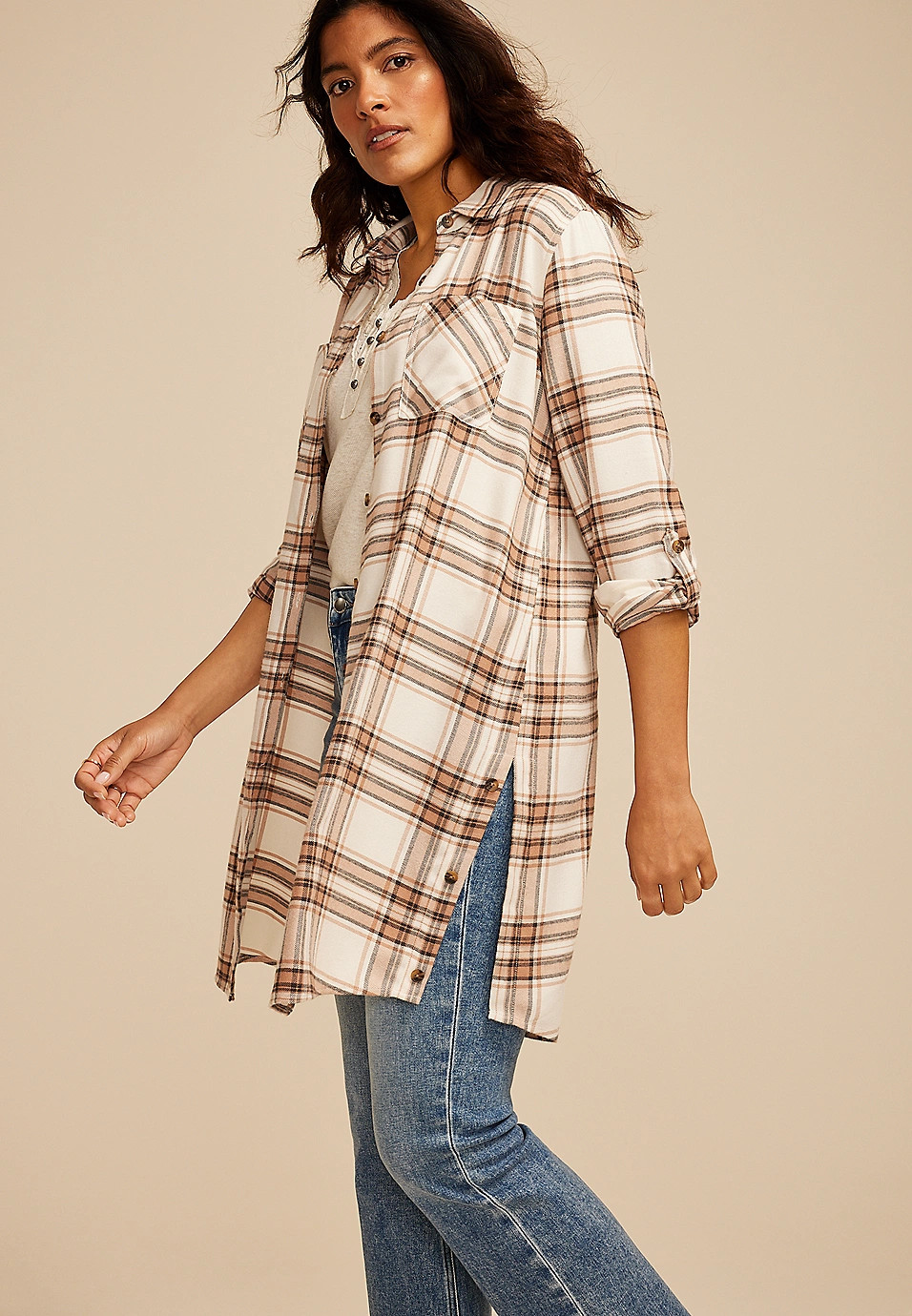 Plaid Button Down Duster Shirt | Maurices