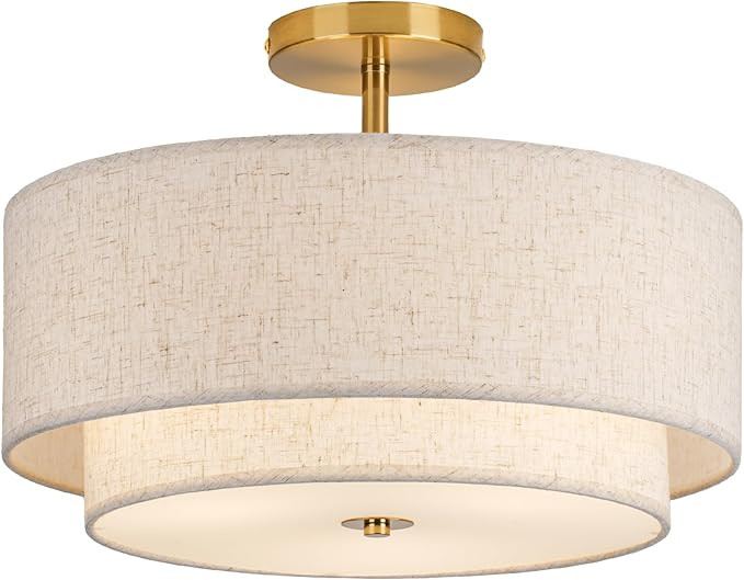16" Double Drum Gold 3-Light Semi Flush Mount Ceiling Light, Classic Fabric Linen Shade Design fo... | Amazon (US)