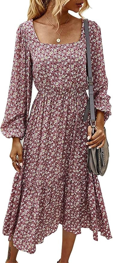 MASKAZU Women's Casual Floral Square Neck Long Sleeve Midi Asymmetrical Dress | Amazon (US)