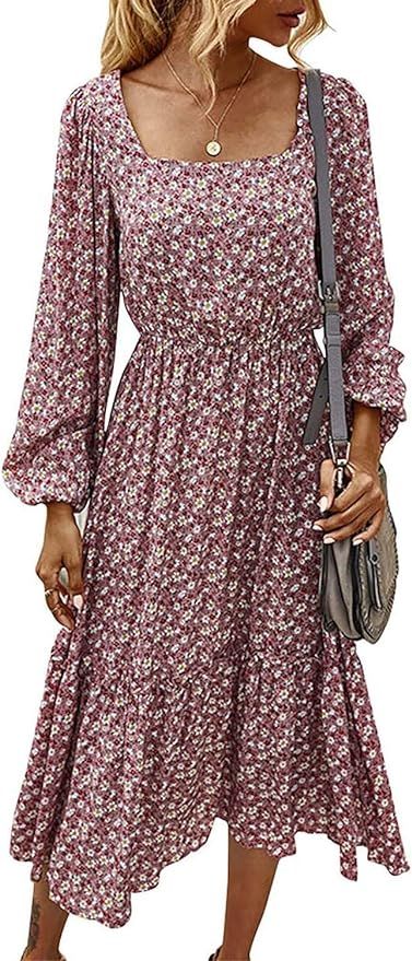MASKAZU Women's Casual Floral Square Neck Long Sleeve Midi Asymmetrical Dress | Amazon (US)