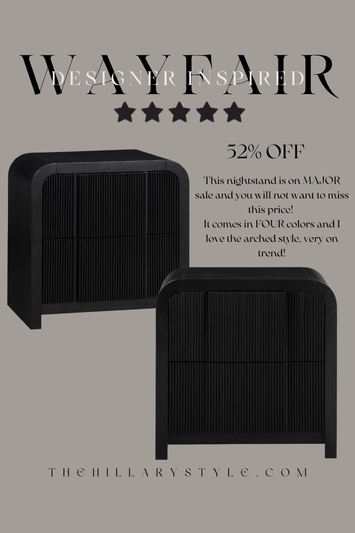 Wayfair Designer Inspired 

This arched nightstand is so beautiful and functional! I love the two drawer storage design and it comes in 4 color variations  

#LTKSeasonal #LTKSaleAlert