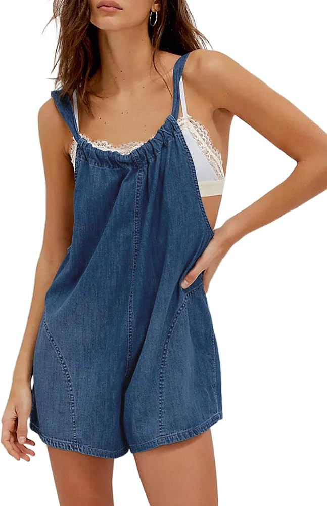 Denim Romper Overall Shorts for Women Adjustable Strap Tie Backless Jean Rompers Bib Shortalls wi... | Amazon (US)