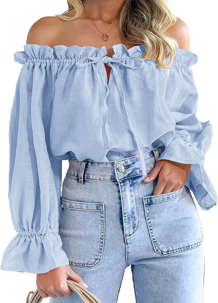 Imily Bela Womens Off The Shoulder Tops Puff Long Sleeve Tie Front Loose Fit Ruffle Shirts Blouse... | Amazon (US)