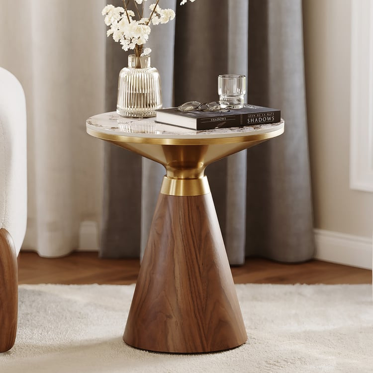 Round Walnut End Table with Sintered Stone Top | Homary | Homary