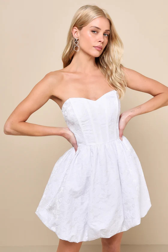 Angelic Allure White Jacquard Strapless Bubble-Hem Mini Dress | Lulus