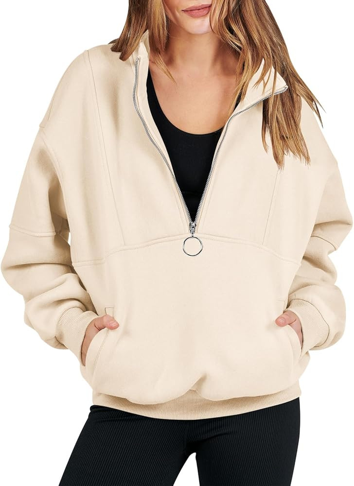 ANRABESS Women’s Oversized Quarter Zip Sweatshirt Long Sleeve Drop Shoulder Pullover Fleece Hal... | Amazon (US)