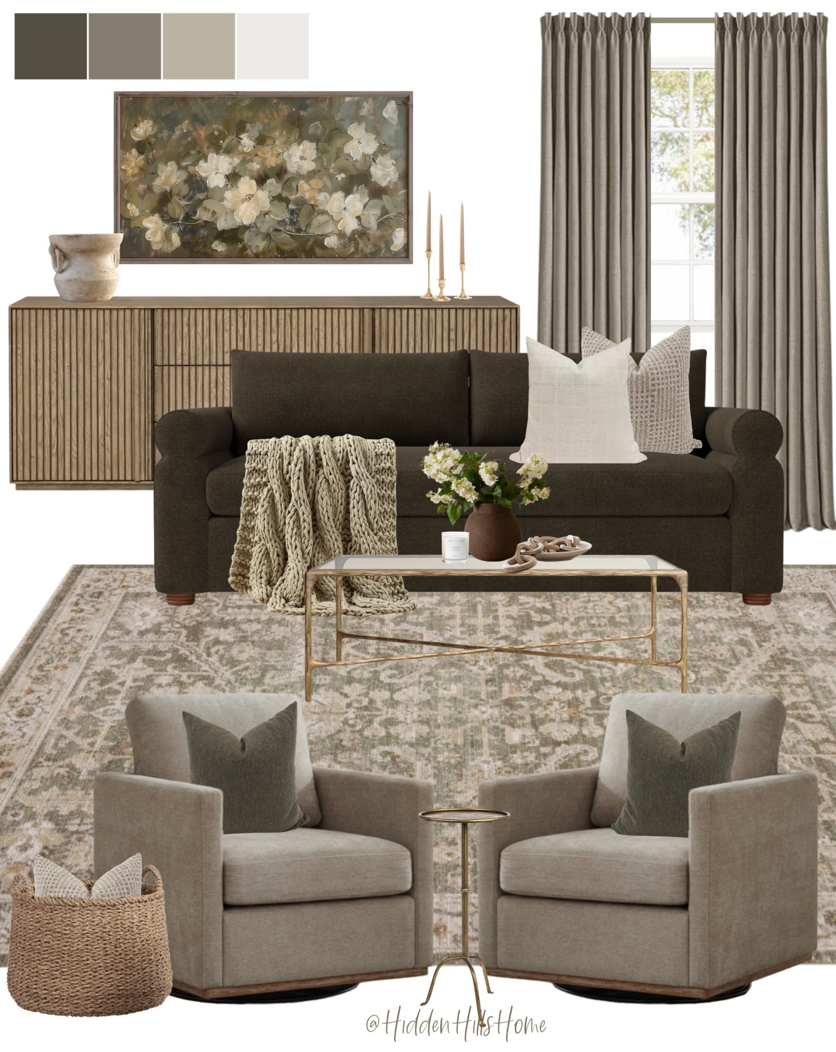 Cozy living room decor ideas! Living room mood board, home inspiration, sofa, swivel chairs, living room design, coffee table decor, media console, curtains 

#LTKSaleAlert #LTKSeasonal #LTKHome