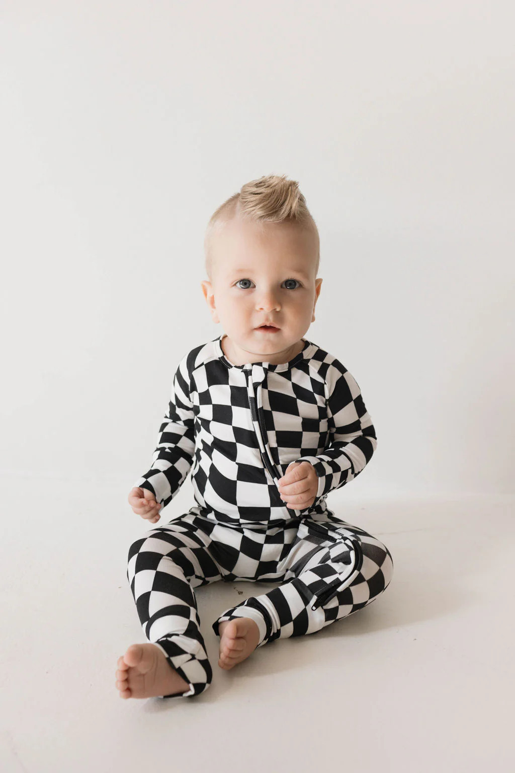 Bamboo Zip Pajamas | Black & White Wavy Checkerboard | Forever French