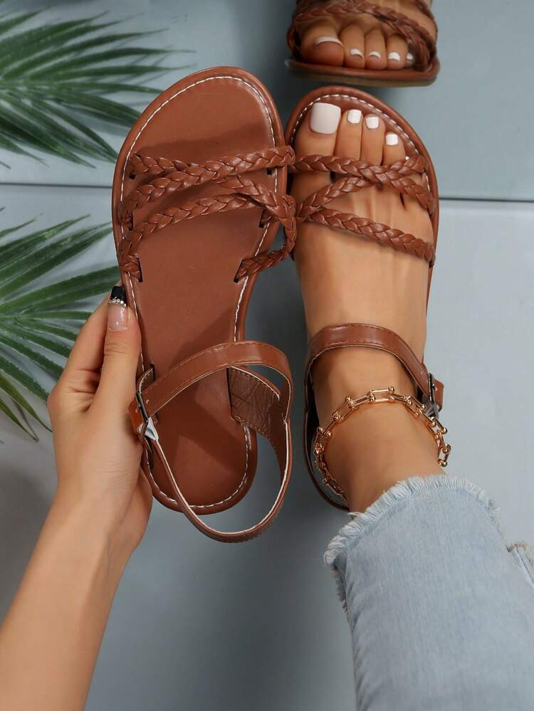 Women Braided Detail Ankle Strap Sandals, Artificial Microfiber Leather Vacation Sandals | SHEIN