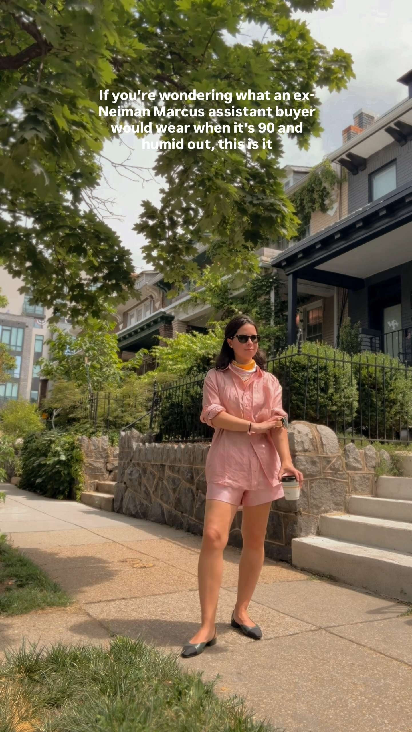 What an ex Neiman Marcus assistant buyer wears when it's 90 and humid  Reformation pink button down and shorts, Chanel slingbacks, Ray-Bans, and an Hermès scarf that makes the whole thing feel intentional. Casual chic that looks polished without sweating through it. summer outfits, vacation outfits beach 

 #LTKootd #LTKPetite
