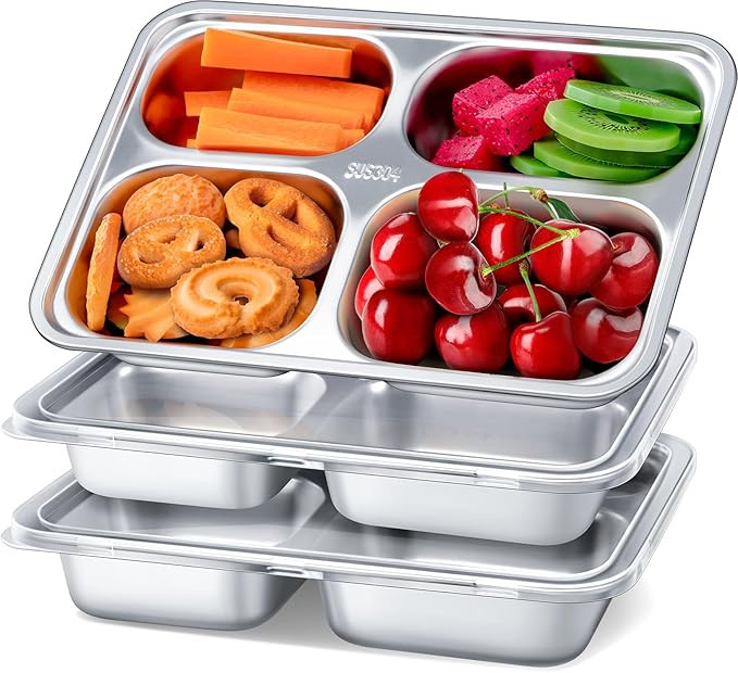 Stainless Steel Snack Containers with Lids - 3 Pack - 4 Compartments Bento Snack Boxes - Reusable... | Amazon (US)