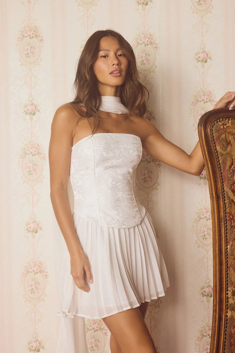 Laubrey White Floral Jacquard Mini Dress and Scarf Set | Lulus