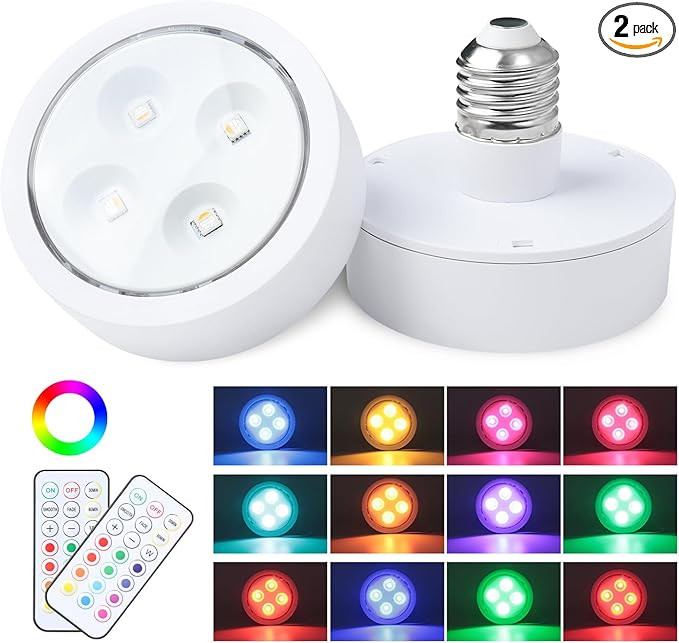 2 Pack Battery Operated Light Bulbs,Dimmable E26 Battery Bulb, 13 Colors RGB LED Puck Lights, wit... | Amazon (US)