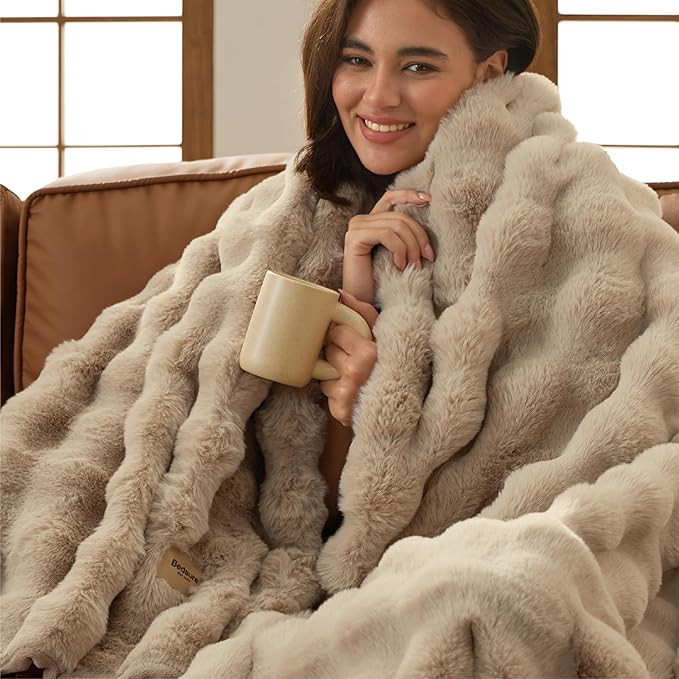 Bedsure GentleSoft Fluffy Fuzzy Beige Throw Blanket for Bed, Soft Cozy Fleece Faux Fur Blanket fo... | Amazon (US)