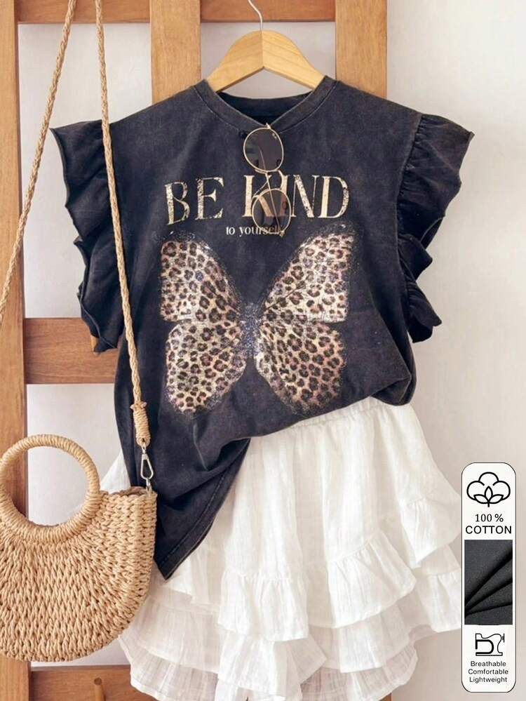 SHEIN Leopard Print & Butterfly Pattern 100% Cotton Women's Round Neck T-Shirt With Ruffle Cuffs,... | SHEIN