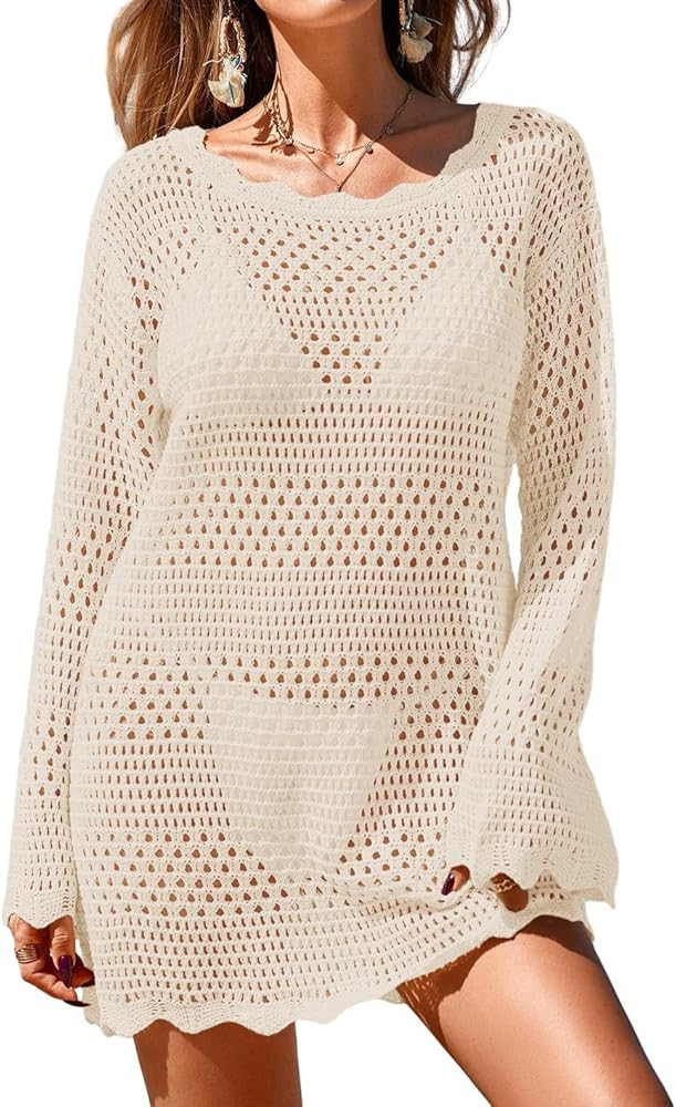 Womens Crochet Swimsuit Beach Cover Up 2026 Long Sleeve Mesh Knit Bathing Suit Swim Coverups Mini... | Amazon (US)