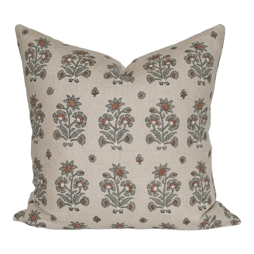 Floral Pillow Cover Cotton Linen Blend Beige Rust Blue Botanical Sofa Throw Pillow Cozy Home Déc... | Etsy (US)