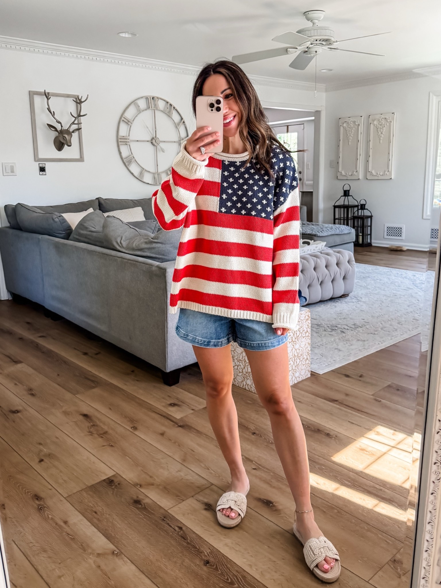 Small flag sweater. Denim shorts 25. 4th of July outfit

#LTKOver40